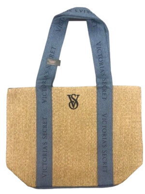 VICTORIA'S SECRET STRAW DENIM BEACH WEEKENDER TRAVEL TOTE BAG LOGO NWT