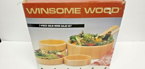 Vintage "1994" BRAND NEW Winsome Wood NATURAL SOLID WOOD 7 Piece Salad Bowl Set - Picture 3 of 6