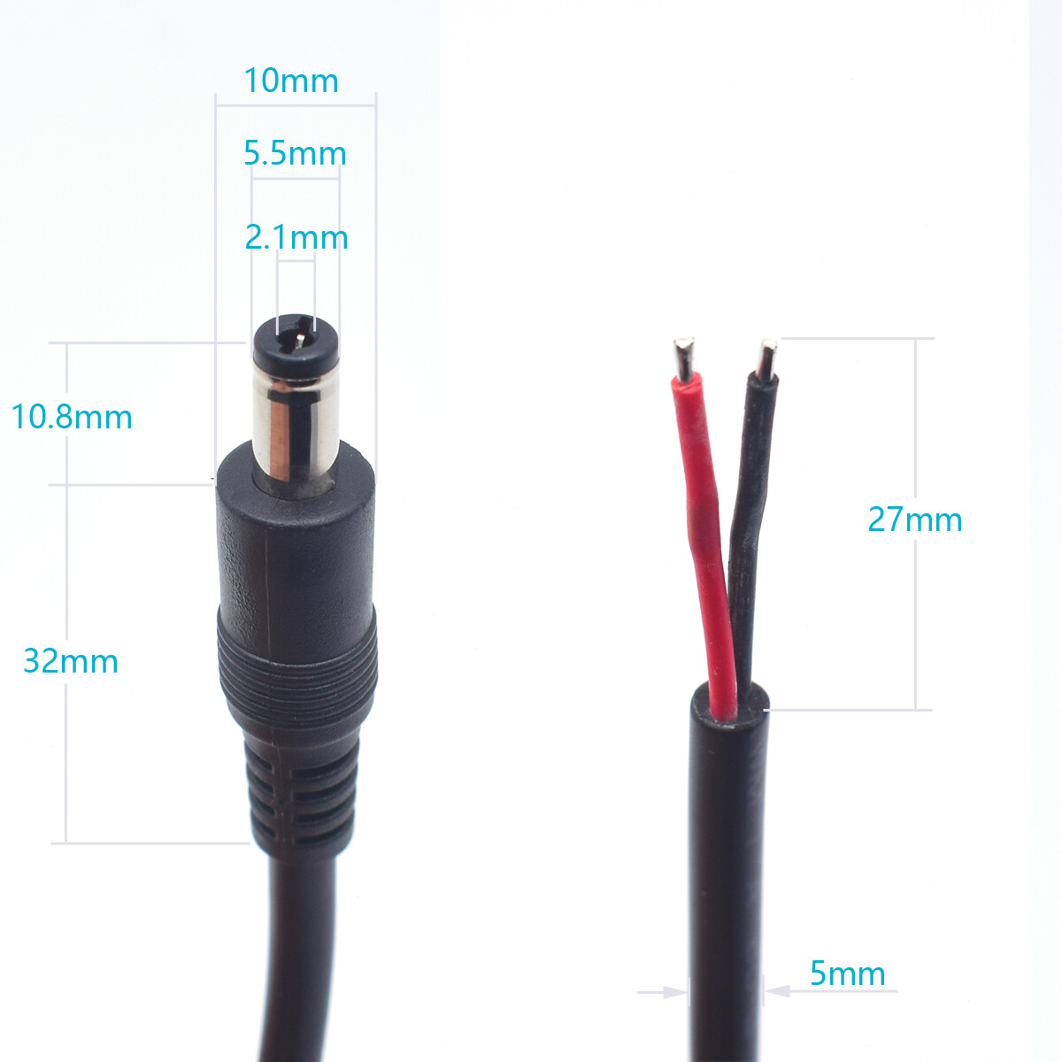 6x 5.5x2.1mm Male Plug to Pigtail Cable 18AWG DC 1FT/03M 7A for LED Strip CCTV