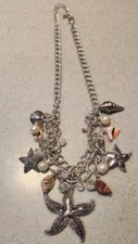 Nautical Seashell/Starfish Charm Silvertone Bib Chain Necklace, Adjusts 16-18"