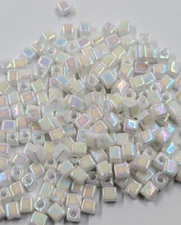 Vintage Glass Beads Cube Toho Japan Opaque White Pearl Iris AB 19 Grams C45-38