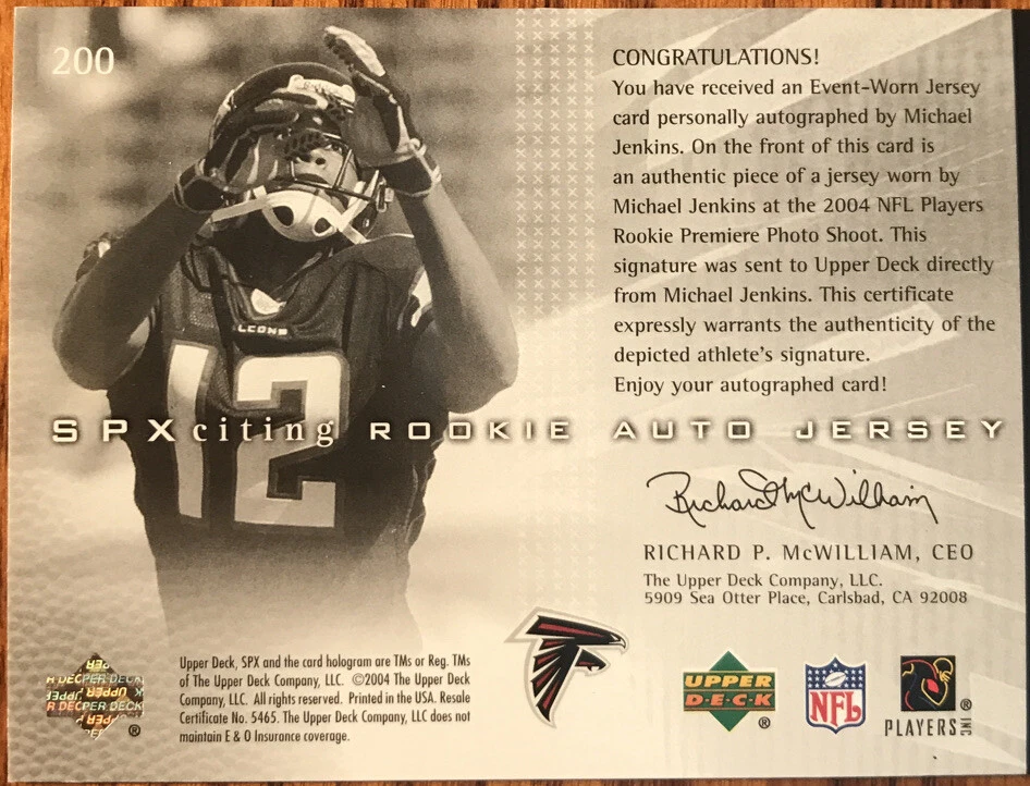 2004 SPx Rookie Jersey Autograph Michael Jenkins #200 #’d 0908/1499 - Image 2 of 2