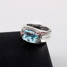 Natural Blue Topaz Gemstone With 14K White Gold Plated Silver Men's Ring #1367