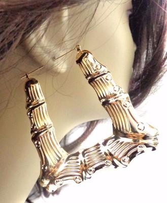 BAMBOO HOOP EARRINGS GOLD AND SILVER TONE SQUARE PUFFED OLD SCHOOL HOOPS 3 INCH