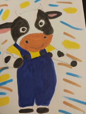 FARM ANIMAL ORIGINAL Gat Painting Impressionist 4x6 Cow Whimsical Fantasy Art