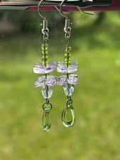 Green Purple Clear Crystal Glass Teardrop Dangle Drop Earrings, Hook, 925 Silver