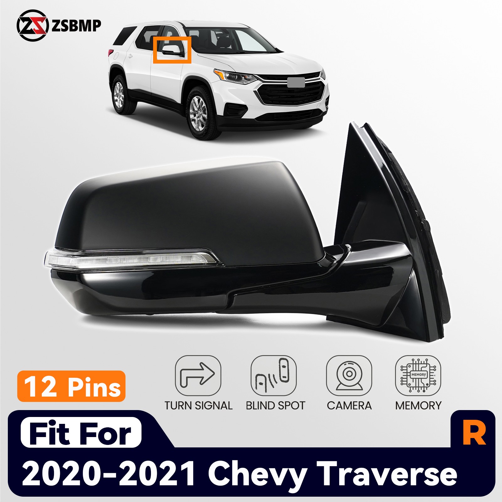 Side Mirror For 2020-2021 Chevy Traverse W/ Blind Spot & HD Camera Right 12 Pins