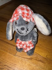 Vintage Dakin 1974 Gray Plush Mouse With Red  White Checkered Apron/ Bonnet 9"