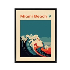Miami Beach Sea Wave Siren Travel Advert Framed Canvas Wall Art Print