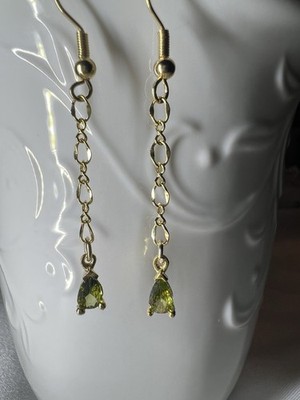 Olive Green Pear Shape Cubic Zirconia Dangle Earrings 18K Gold Plated Dainty/Box