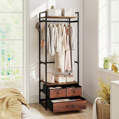 Clothes Rack w/Shelves, Drawers, Side Hooks, Metal Frame for Entryway, Wardrobe