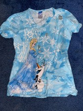 Disney  FROZEN  Elsa  Olaf Size XXS Blue Short Sleeve Scrub Top With Pockets