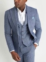 New Moss London suit men's skinny fit 3 piece blue Donegal tweed formal suit