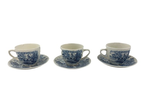Enoch Wedgwood Countryside Tassen & Untertassen 3er Set blau weiß Transferware Englisch