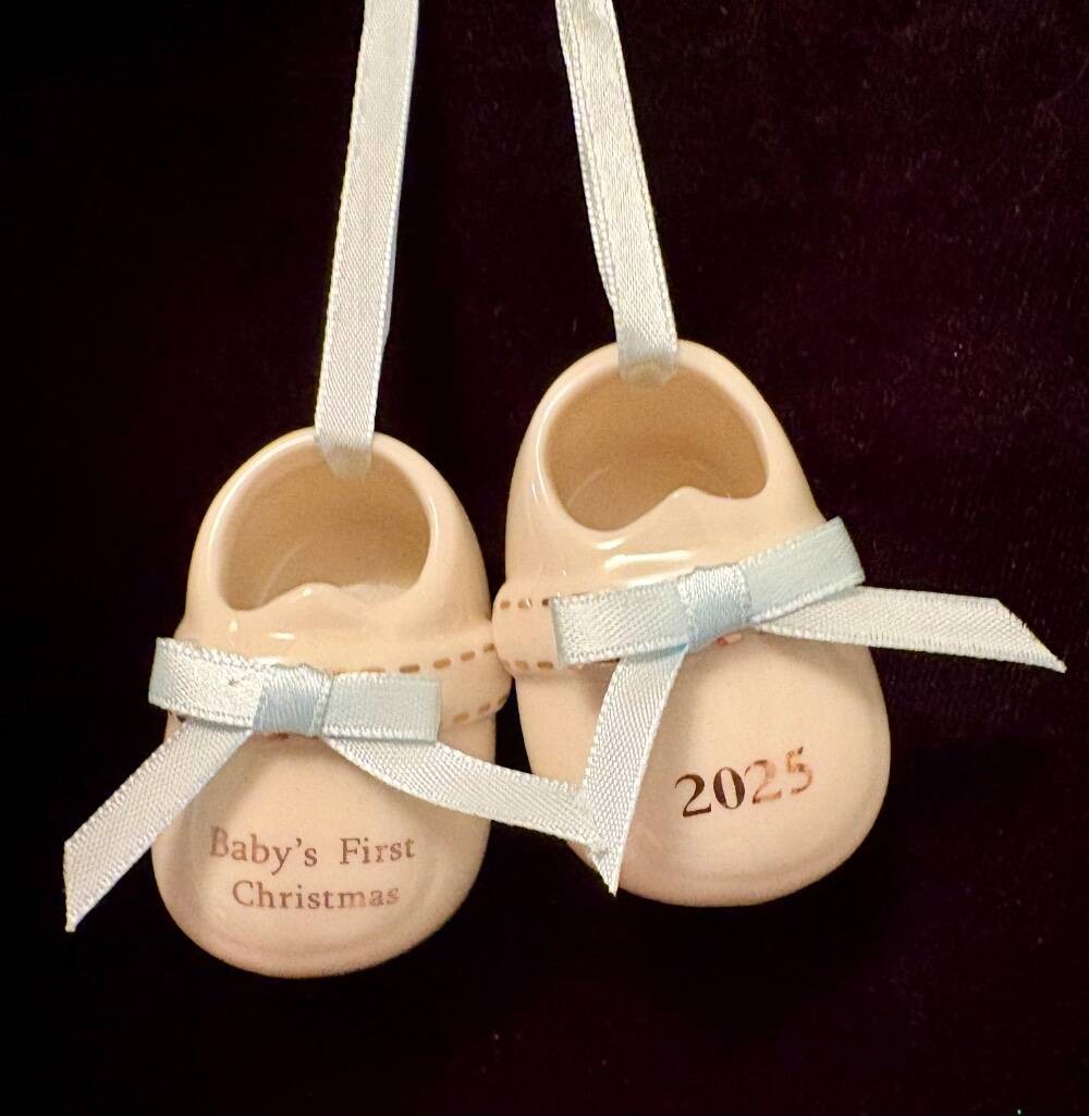 2025 BABY'S 1ST CHRISTMAS BOY ORNAMENT~CERAMIC BABY SHOES~BOOTIES~NWT