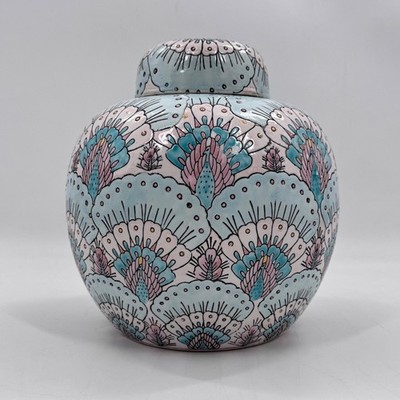 Vintage Chinese Porcelain Peacock Ginger Jar Lidded Pastel Pink Hand Painted 11''