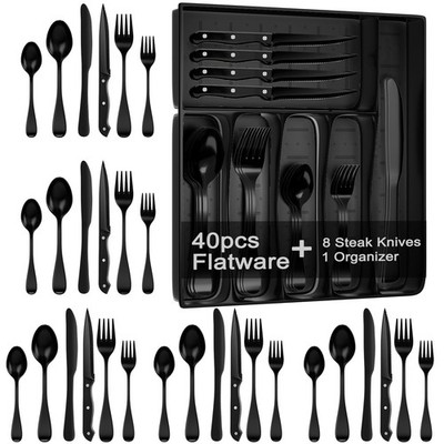 JUNLIN 49 Pieces Black Silverware Set with Steak Knives, large,
