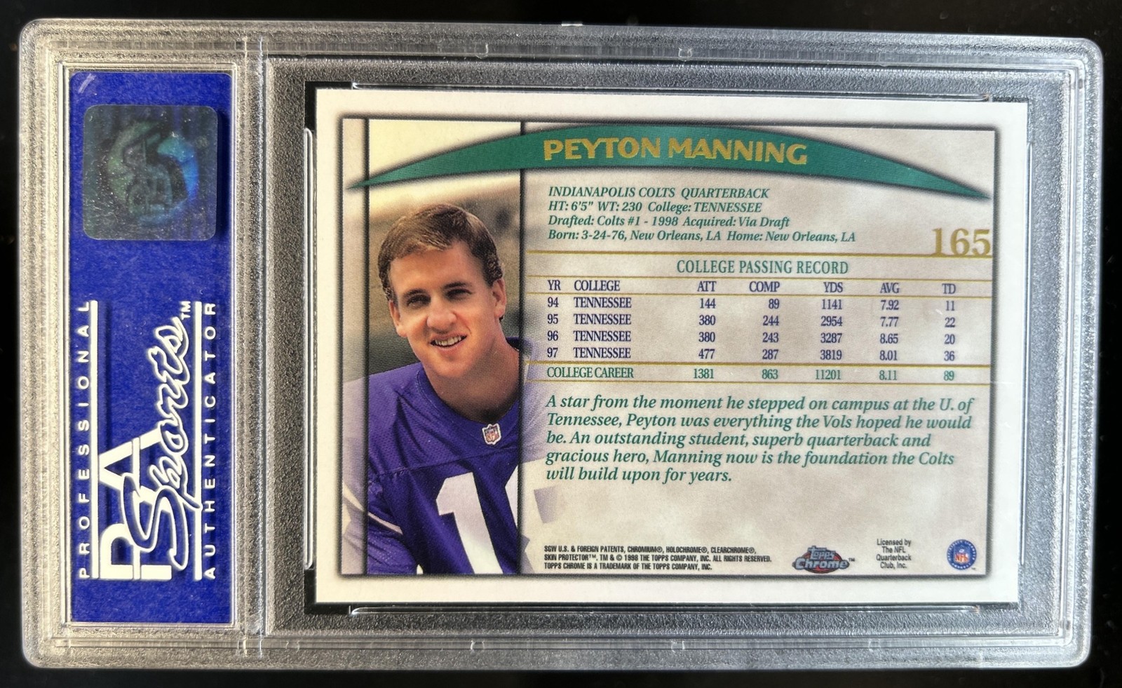1998 Topps Chrome Peyton Manning Rookie RC #165 Colts PSA 9 OC view 2