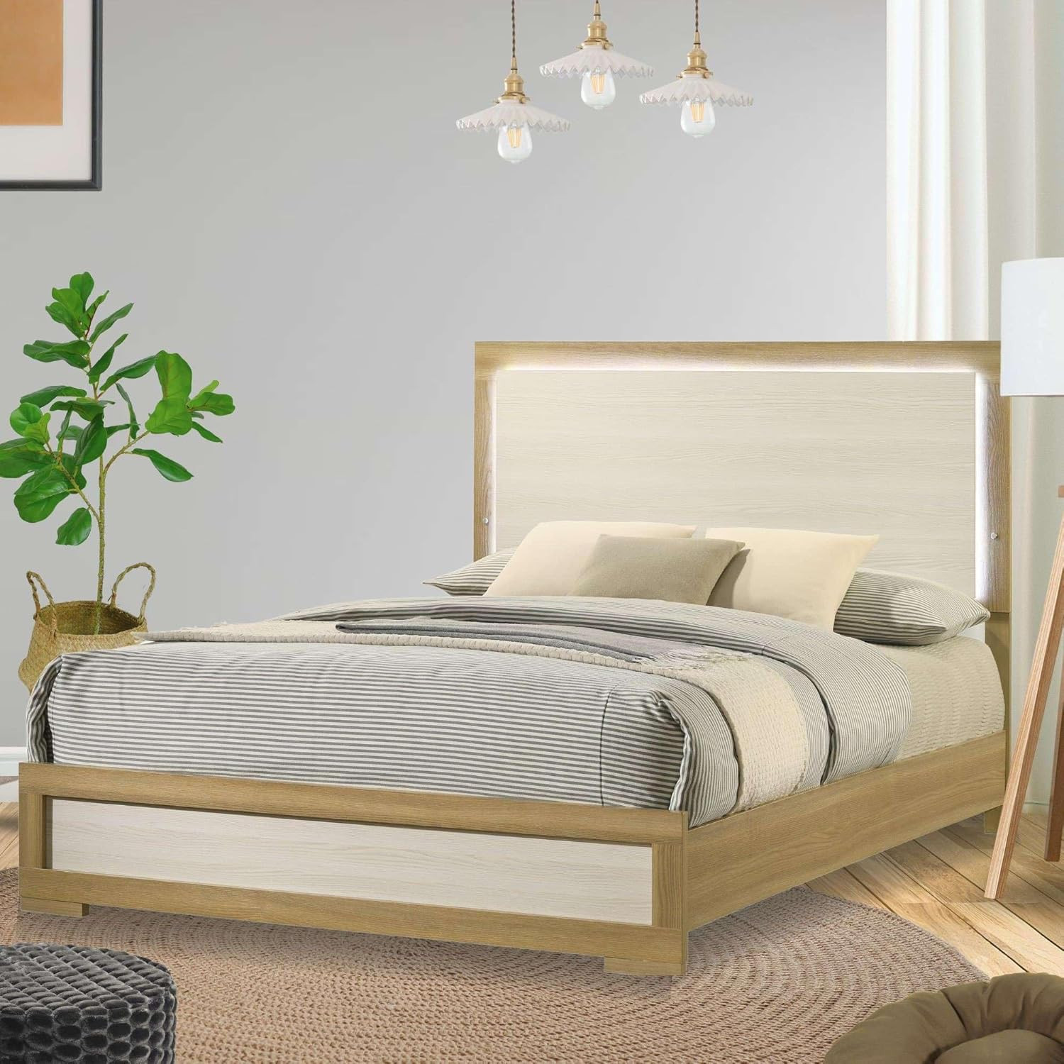 Modern Queen Bed with LED Lights, Natural & White Finish, St