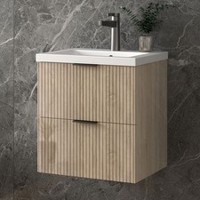 Modular bathroom vanity, wall-mounted, white/oak color, double drawers with sink