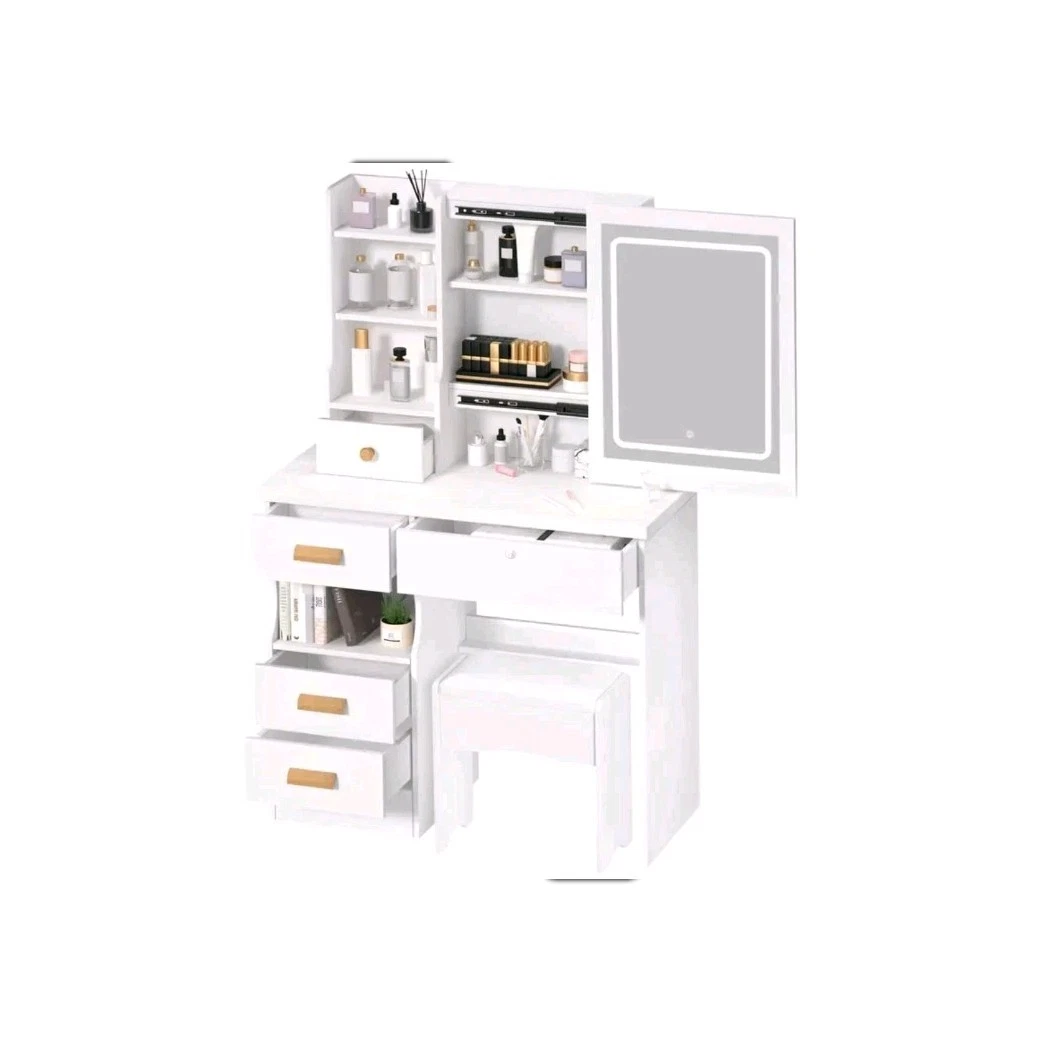 Grande Coiffeuse Blanche Avec Miroir Led Réglable  3 Teintes , 3 Tiroirs, 1 Porte Et Grand Espace De Rangement 80×134×40 Cm
