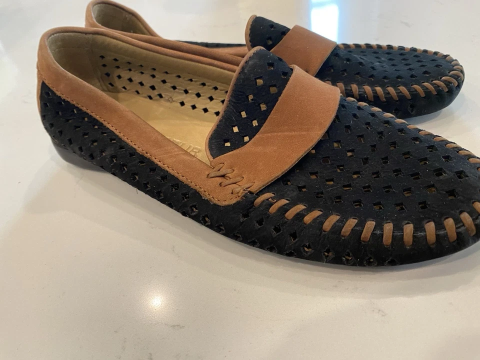 Robert Zur 黑色棕色麂皮绒穿孔皮革驾驶莫卡辛鞋尺寸:6 M — 第 2/4 张图片