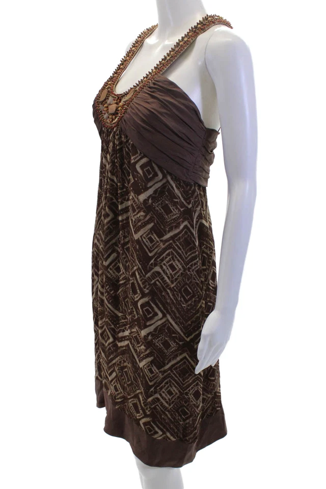 BCBG Max Azria Womens Silk Printed Beaded Halter Neck Dress Brown Red Size 8 - Image 2 of 4