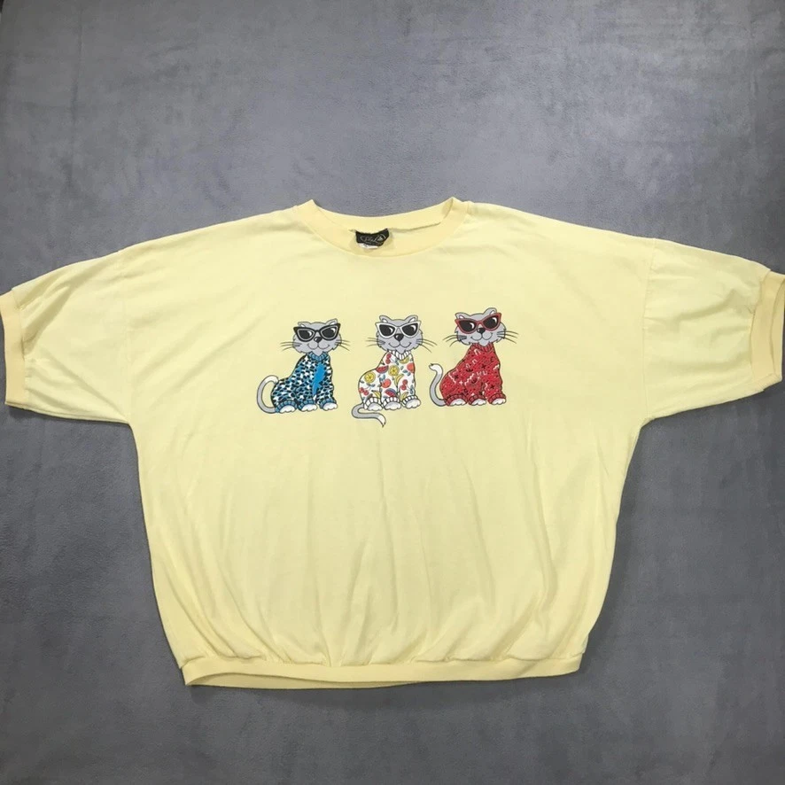 Camiseta Gato Vintage Años 90 Mujer 44 Amarillo Gran Tamaño Pijama Gatos Manga Corta EE. UU. Foto 2 de 4