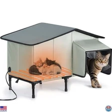 Insulated Large Elevated Heated Cat House - Weatherproof Shelter with Heating