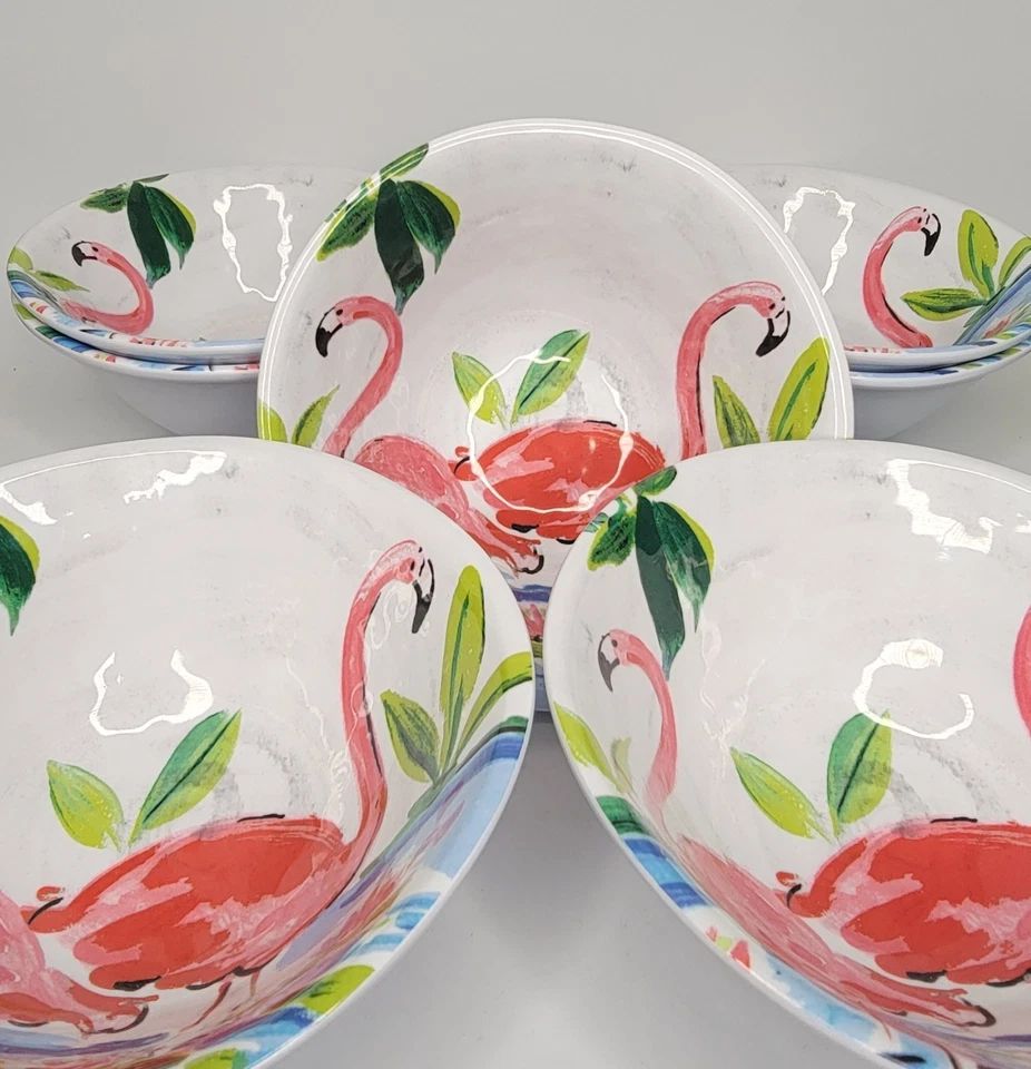 Juego de 7 cuencos de melamina Cynthia Rowley flamenco melamina rosa blanco playa Foto 3 de 4