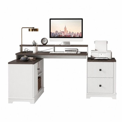 Farmhouse 66.5'' Executive Computer Desk, L Shaped Office Desk w/ Storage Shelves