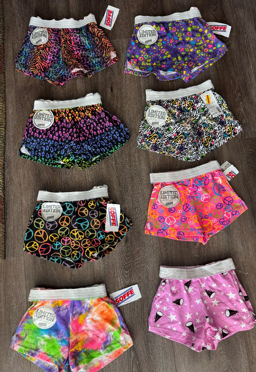 NWT Youth Girls Soffe shorts cheer sport Cheetah Peace Animal