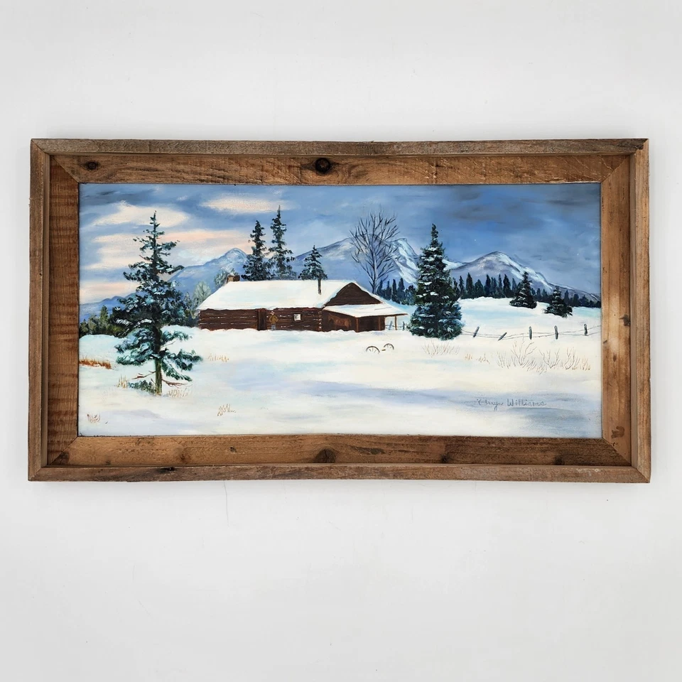 Pintura al óleo original firmada rústica invierno cabaña de nieve escena arte de montaña enmarcado Foto 2 de 4