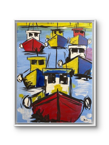 Original Acrylic 30x40 Boats Impressionist Canvas Painting Signed Wall Art Jules