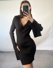 Alexander Wang UK S Dress Black Ribbed Knitted Collared V Neck Button Front Mini