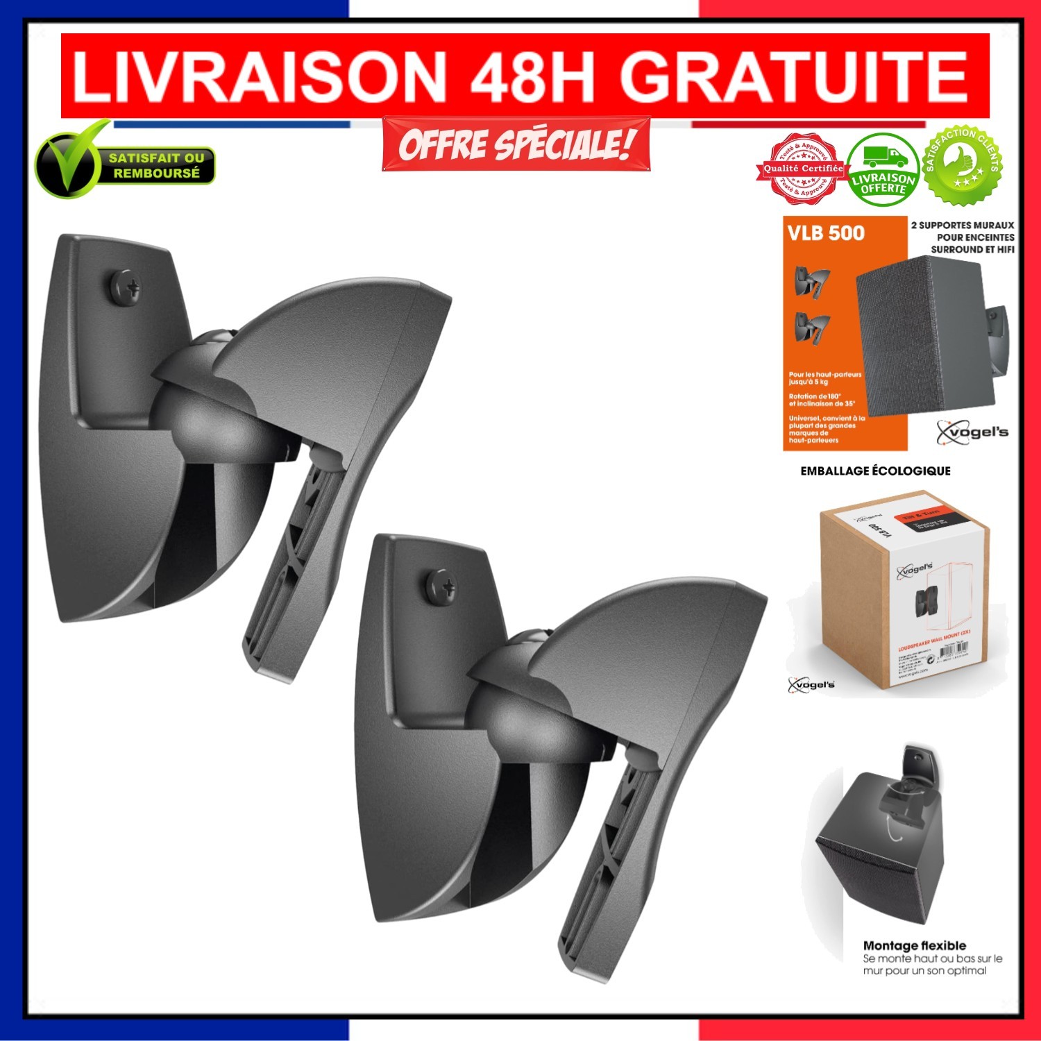 Vogel's VLB 500 Support Mural Noir pour Petit Haut-Parleur Orientable