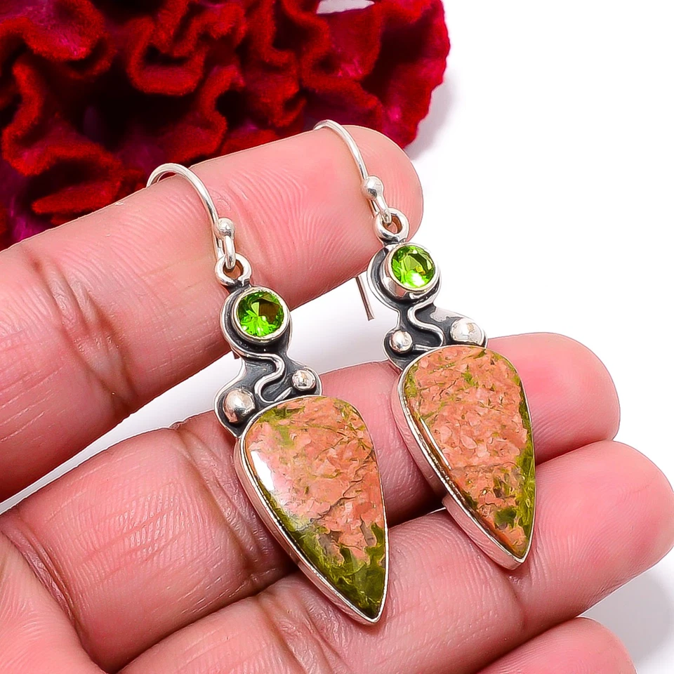 Natural Unakite & Peridot Designer Handmade 925 Sterling Silver Earring 2.11" E2 - Image 3 of 4