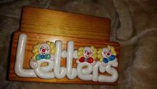 VINTAGE RETRO PINE LETTER RACK WITH CLAY LETTERING AND CLOWNS
