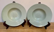Lot of 2 Retired Signature 9” Celadon Green Soup Bowls: Stoneware • Hand Paint