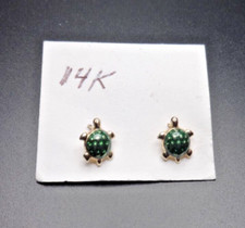 Earrings Turtle Green Birth 14K Yellow Gold Enamel May