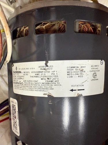 Used Emerson Furnace Motor - EMERSON K55HXMWP-0732 HVAC Motor 115V 1075RPM/4SPD