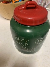 RAE DUNN 'DECK THE PAWS' LARGE Pet Snack Canister W LID 8"T x 6"W, Green