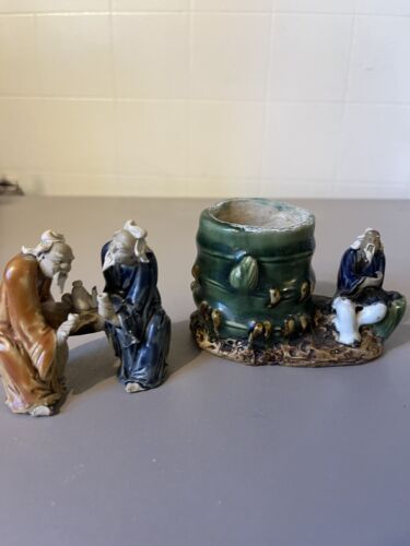 Japanese Mud Men Majolica Pottery Bamboo Holder Vase & Figurine Set - Afbeelding 1 van 10