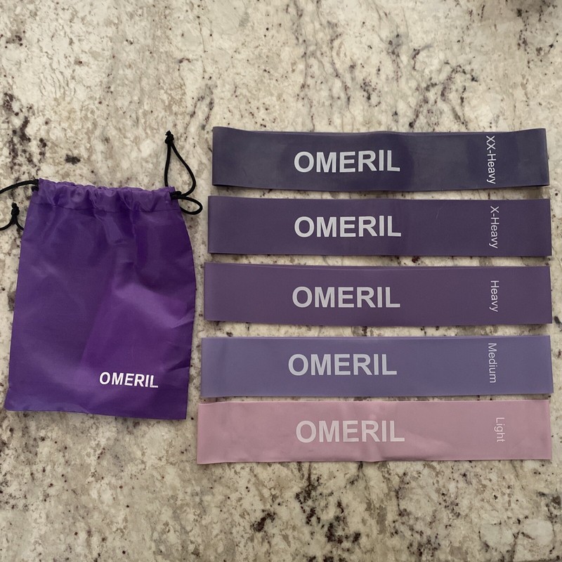 Omeril Purple Excercise Bands New. 5 Bands From xxheavy to light. With carry bag