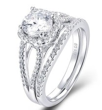 Round Square Halo Sterling Silver CZ Wedding Band Engagement Ring Set ML52A