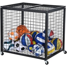 Rolling Sports Ball Storage Cart, Basketball Cage with Double Lids, Sport Equipm