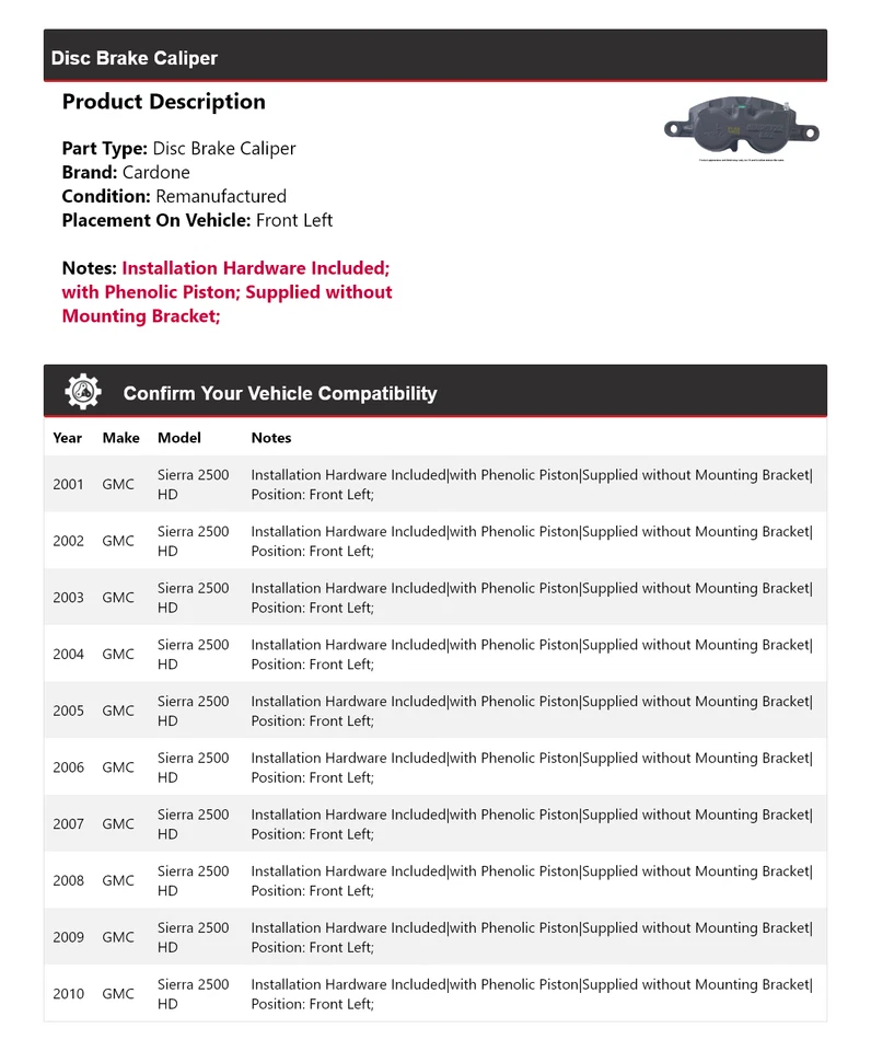 Pinza de freno de disco delantera izquierda Cardone 2002 2003 para GMC Sierra 2500 HD 2001-2010 Foto 2 de 4