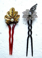 Two mid century hair pins rhinestone faux pearl hair accessories