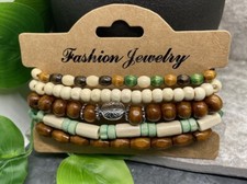 5 PC Handmade Boho Wood Bead Stackable 7  Plus Stretch Charm Bracelet Set B3302