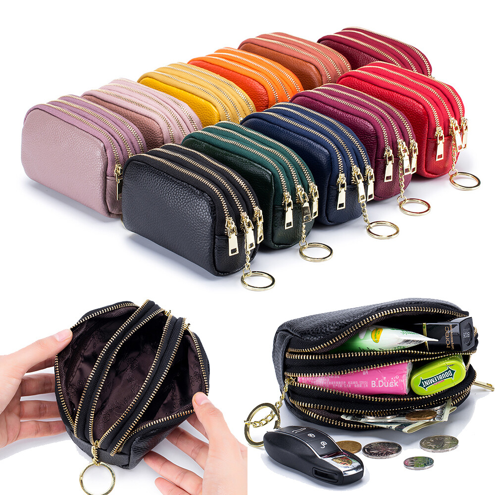 Women's Leather Coin Purse 3 Zipper Pockets Key Ring Mini